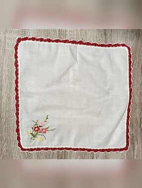 1960's White Linen Handkerchief with Red Crochet Edge and Floral Embroidery